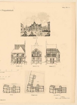 Rathaus, Bonn-Poppelsdorf Monatskonkurrenz Juli 1894: Grundriss Keller, Erdgeschoss, Obergeschoss, 2 Querschnitte, perspektivische Ansicht; 2 Maßstabsleisten