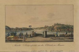 Ansicht der Gegend von Meißen, Umrißradierung, um 1840 : Ansicht Stromaufwärts von der Elbbrücke in Meissen. - [S.l.] , [um 1840]. - 1 Kunstbl. : kolor. Umrißradierung ; 15 x 9 cm