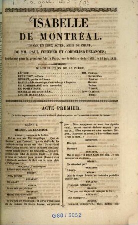 Isabelle de Montréal : Drame en deux actes, mêlé de chant