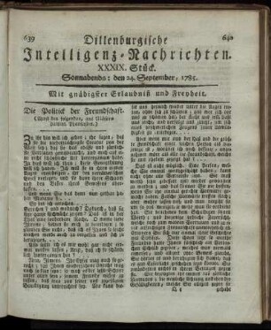 XXXIX. Stück. Sonnabends: den 24. September, 1785.