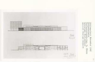 Fernsehstudio, Berlin-Westend (Diplomarbeit bei Willy Kreuer): Ansicht von Westen und Schnitt 1:200