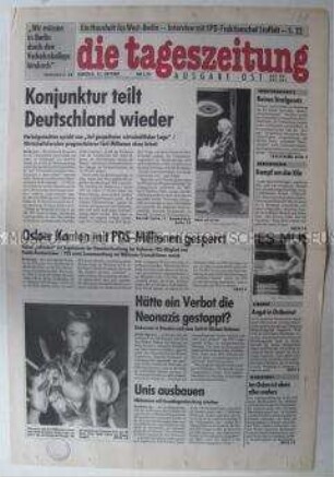 Fragment der Ost-Ausgabe der "tageszeitung" u.a. zur wirtschaftlichen Entwicklung in den neuen Bundesländern und über Embryonenschutz