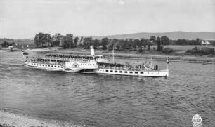 Personen-Seitenraddampfer "Dresden" (1926, Werft Laubegast). Schrägansicht bei Fahrt elbaufwärts bei Pratzschwitz