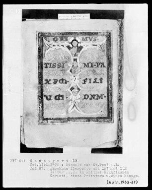 Missale — Initiale T (e igitur), darin Halbfiguren Christi, eines Priesters und eines Königs, Folio 83recto