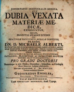 Diss. inaug. med. qua dubia vexata materiae medicae exponuntur