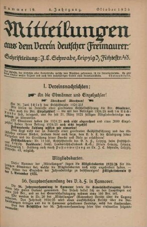 Nummer 19. 4. Jahrgang. Oktober 1925.