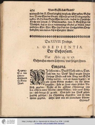 Die XXVIII. Predigt. 2. OBEDIENTIA. Der Gehorsam.