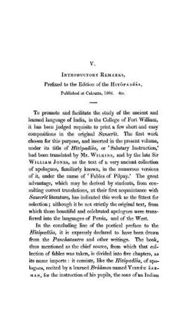 V. Introductory Remarks, Prefixed to the Edition of the Hitópadéśa, Published at Calcutta, 1804