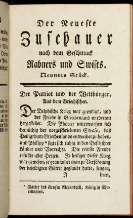 Der neueste Zuschauer nach dem Geschmack Rabners und Swifts. Neuntes Stück.