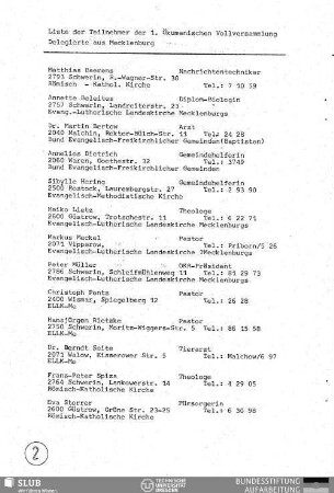 Liste der Teilnehmer der 1. Ökumenischen Vollversammlung, Delegierte aus Mecklenburg