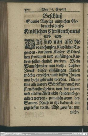 Beschluß Sambt Anzeige nützlichen Gebrauchs dieses Kindlichen Christenthums