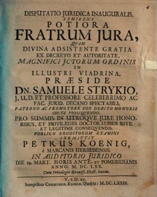 Disp. iur. inaug. exhibens potiora fratrum iura