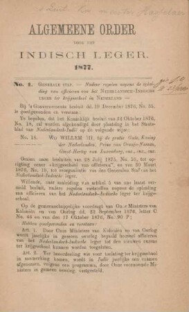 Algemeene orders voor het indisch leger. 1877. No. 1 - No. 81