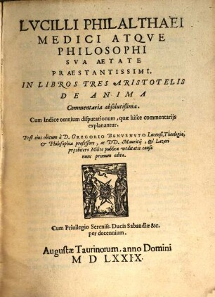 Lucilli Philalthaei in libros tres Aristotelis de Anima commentaria