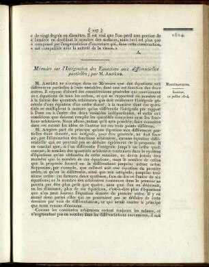 Mémoire sur l'Intégration des Equations aux différentielles partielles