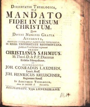 Dissertatio Theologica, De Mandato Fidei In Iesum Christum
