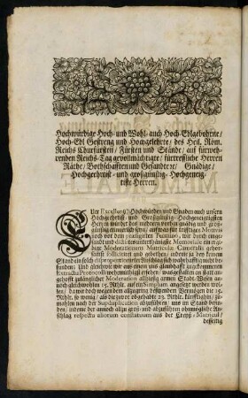 An eine Hochpreißlich-allgemeine Reichs-Versammlung ...