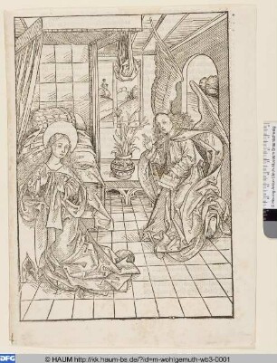 Buchseite aus: Fridolin, Stephan: Schatzbehalter. Nürnberg: Anton Koberger, 1491, fol. 53 [Der funffundzweintzigist figur zum andern mal; Die Verkündigung]