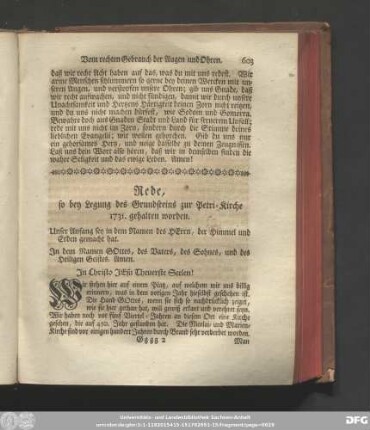 Rede, so bey Legung des Grundsteins zur Petri-Kirche 1731. gehalten worden.