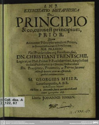 1: Exercitatio metaphysica de principio & eo, cujus est principium ...