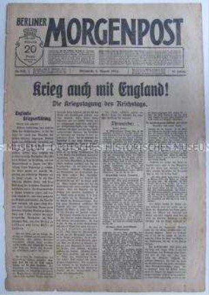 Titelblatt der "Berliner Morgenpost" zum Beginn des Krieges zwischen Deutschland und Großbritannien
