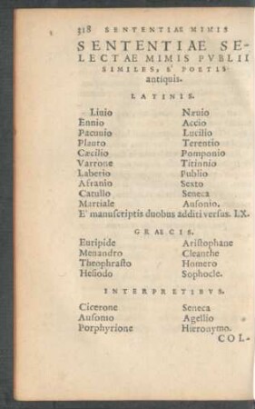 Sententiae Selectae Mimis Publii Similes, E Poetis antiquis.
