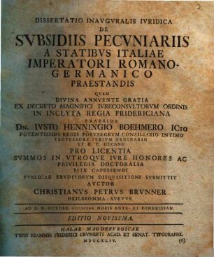 Dissertatio Inavgvralis Ivridica De Svbsidiis Pecvniariis A Statibvs Italiae Imperatori Romano-Germanico Praestandis