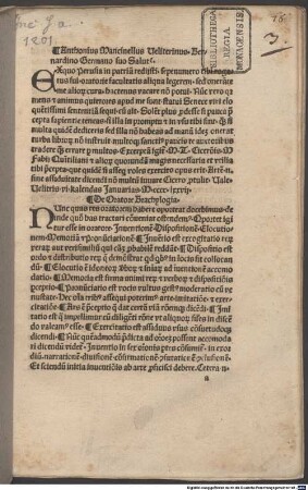 De oratore brachylogia : mit Widmungsbrief des Autors an Bernardinus Germanus, Velletri 27.12.1477