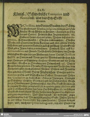 Lit. D. Königl., Schwedische Exemption und Neutralität, über das Ertz-Stifft Bremen