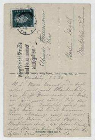 Ansichtspostkarte von Johannes Baader an Elfriede Hausmann und Vera Hausmann mit Grüßen von Elfriede Lohse-Wächtler und Kurt Lohse. Hamburg. Abbildung " Hamburg: Lombardsbrücke mit Stadt"