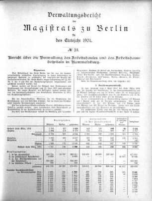No. 23. Bericht über die Verwaltung des Arbeitshauses und des Arbeitshaushospitals in Rummelsburg