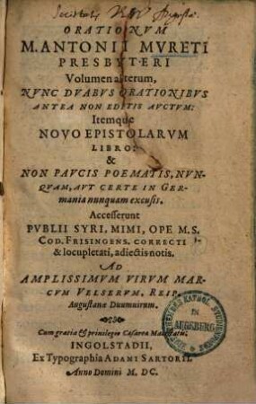 Orationvm M. Antonii Mvreti Presbyteri Volumen ..., 2.