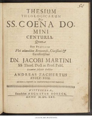 Thesium Theologicarum De SS. Coena Domini Centuria