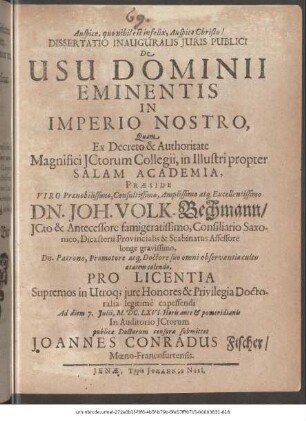 Dissertatio Inauguralis Iuris Publici De Usu Dominii Eminentis In Imperio Nostro
