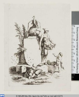 Merkur vor einem Denkmal stehend umgeben von zwei Genien, Büchern, einem Storch und einem Bienenkorb