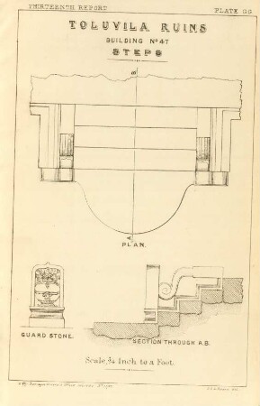 Plate GG. Toluvila ruins. Building No. 47. Steps. Plan. Guard stone. Section through A. B.