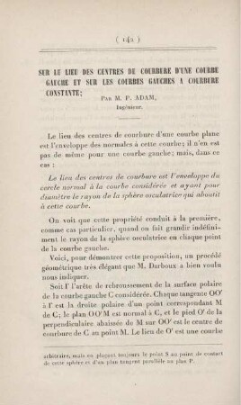 Sur le lieu des centres de courbure d'une courbe gauche et sur les courbes gauches a courbure constante.
