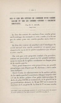 Sur le lieu des centres de courbure d'une courbe gauche et sur les courbes gauches a courbure constante.