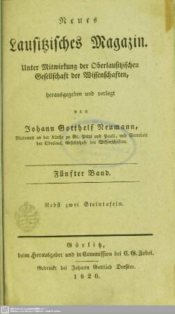 5.1826: Neues lausitzisches Magazin : Zeitschrift der Oberlausitzischen Gesellschaft der Wissenschaften