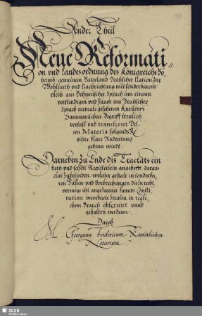 Anderer Theil. Neue Reformation vnd Landesordnung des Königreichs Böheimb