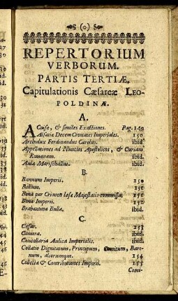 Repertorium Verborium. Partis Tertiæ Capitulationis Cæsareæ Leopoldinæ.