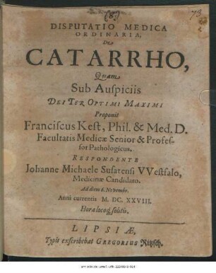 Disputatio Medica Ordinaria, De Catarrho