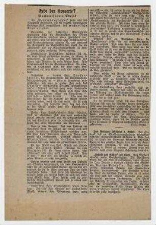 Ende der Konzerte? Mechanisierte Musik. Berlin. Zeitungsausschnitt [Quelle unbekannt. Bezieht sich vermutl. auf den 18. Musikabend der Novembergruppe 1926/1927].