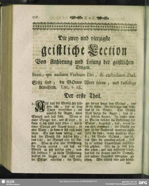 Die zwey und vierzigste geistliche Lection Von Anhörung und Lesung der geistlichen Dingen