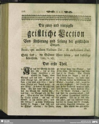 Die zwey und vierzigste geistliche Lection Von Anhörung und Lesung der geistlichen Dingen