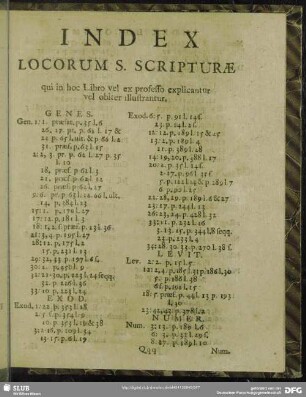 Index Locorum S. Scripturae qui in hoc Libro vel ex professo explicantur vel obiter illustrantur