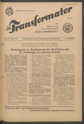 TRO-Betriebszeitung 'Der Transformator'; Nr. 17/1954 (April 1954)