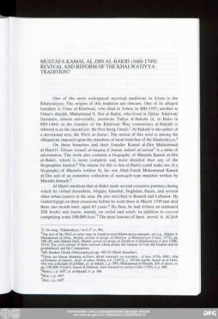 Mustafa Kamal Al-Din Al-Bakri (1688-1749): Revival And Reform Of The Khalwatiyya Tradition?