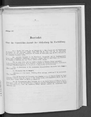 Anlage IV. Bericht über die Unterrichts-Anstalt der Abtheilung über Fortbildung.