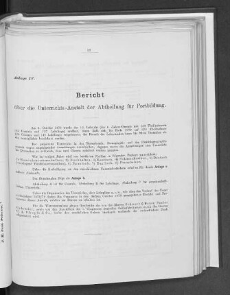 Anlage IV. Bericht über die Unterrichts-Anstalt der Abtheilung über Fortbildung.